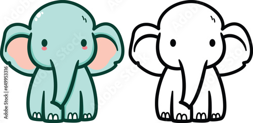 Cute elephant doodle style vector illustration, cartoon  style elephant sitting on the floor colored and black and white line art stock vector image