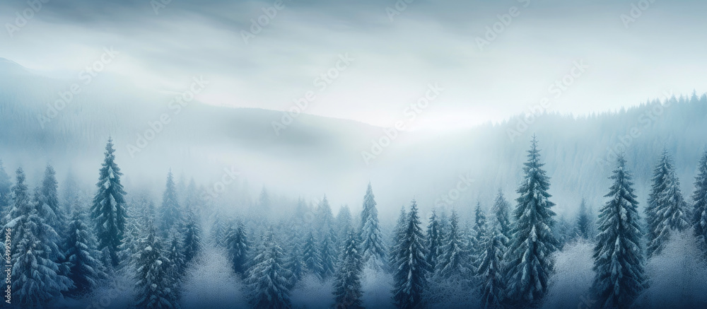 Fir Trees Dressed in Snow amidst the Fog