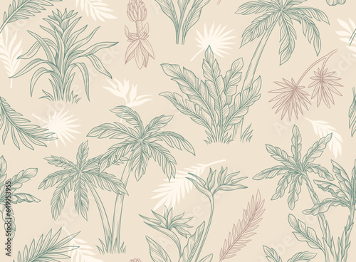 Seamless pattern with palm tree. Outline exotic ornament with tropical plants for wallpapers, packaging and wrap design. Repeating print with banana or coconut trees. Linear flat vector illustration © Rudzhan
