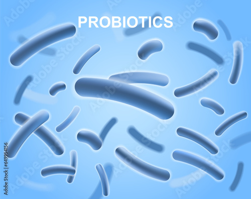 Poster with probiotics. Microbiology, lactobacilli and medicine concept. Blue background with microorganisms or bacteria close up. Food composition and human health. Cartoon flat vector illustration