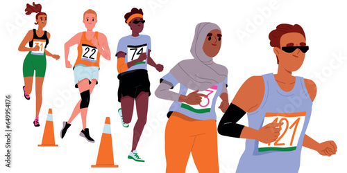 Group of people running race. Crowd of happy sportsmens at marathon. Young athletes jogging and leading active healthy lifestyle. Cartoon flat vector illustration isolated on white background