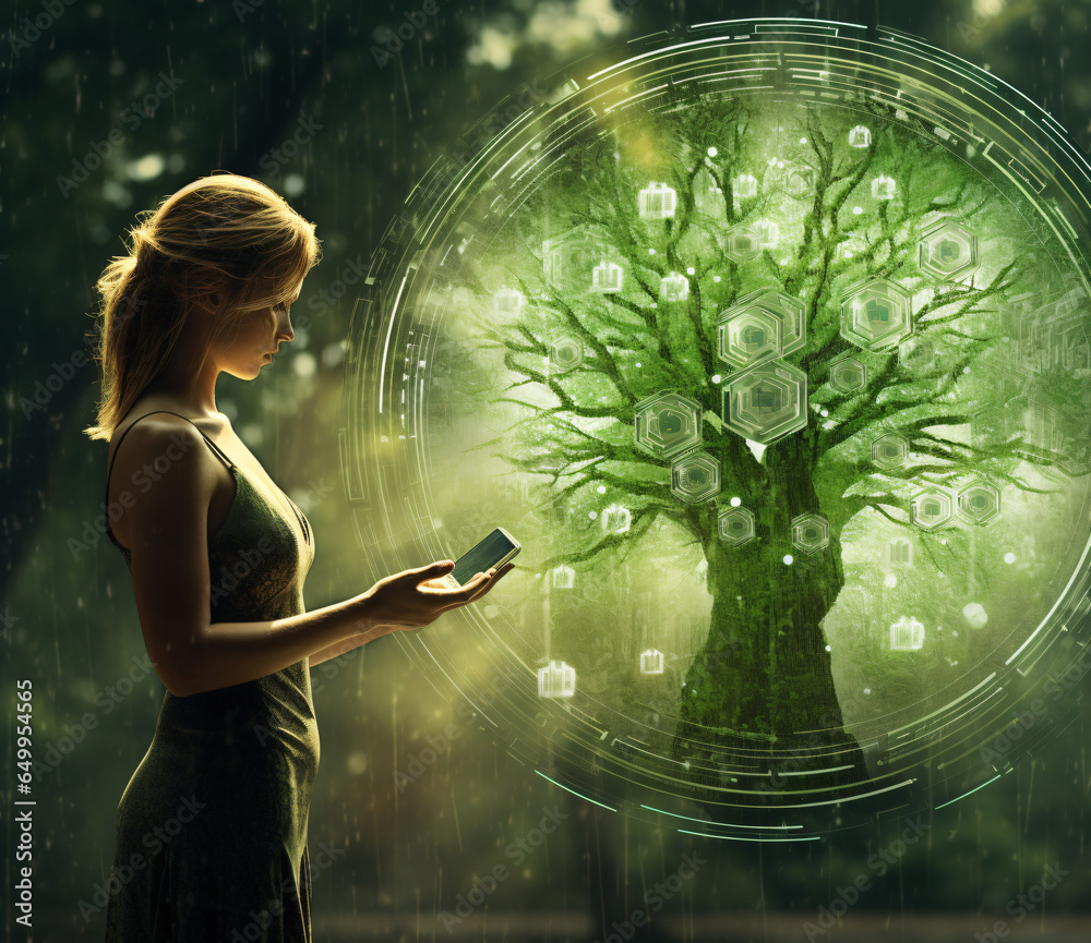 Woman in dress green holding a green seed with green tree computer graphics background