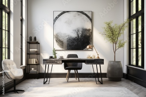 Stylish Sleek Monochromatic Office Area with Desk Chair and Large Wall Art and Indoor Tree in Concrete Pot © Bryan