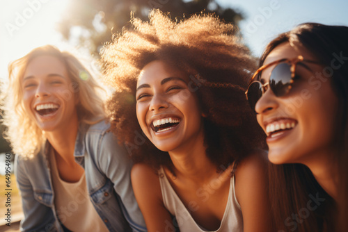 Three women friends laughing together in the park