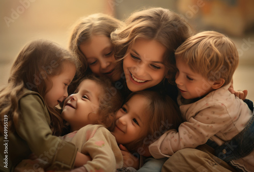 Mother and quintuplets hugging, mum and 5 young kids hugging photo