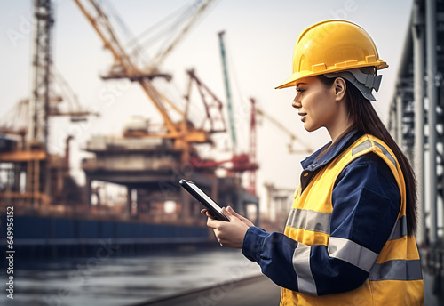 Young woman worker looking at her phone at oil industry, young female construction worker