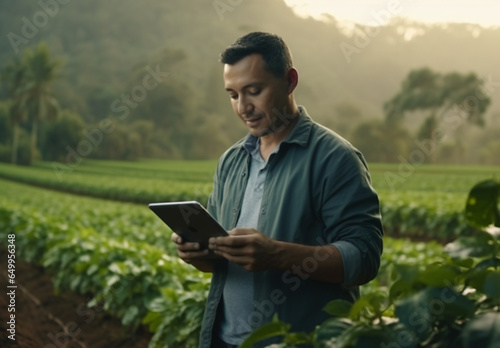 Farmer on a tablet in a field reviewing crop performance