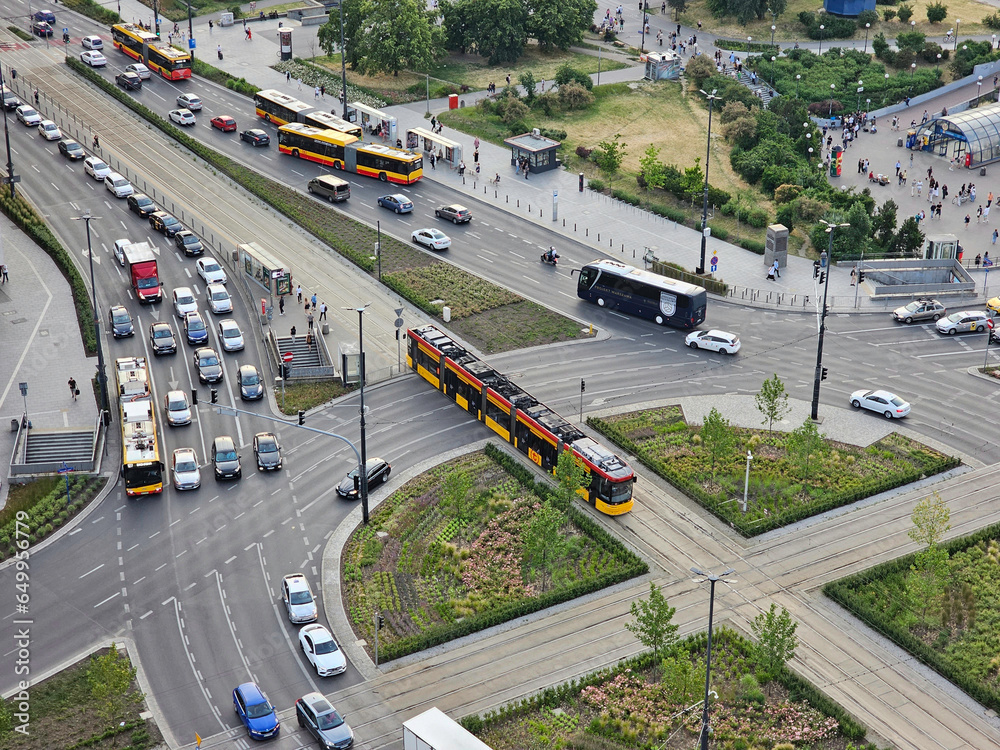 View of the Dmowskiego roundabout and Aleje Jerozolimskie in Warsaw on a warm summer day, Warsaw, Poland.