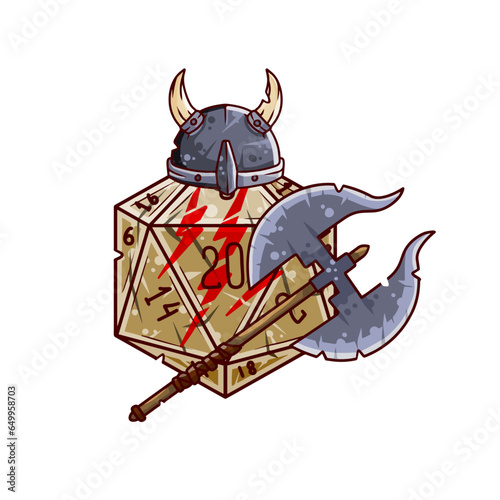 Dice d20 for playing Dnd. Dungeon and dragons board game. Axe and horned helmet of medieval barbarian viking. Adventure cartoon Icon