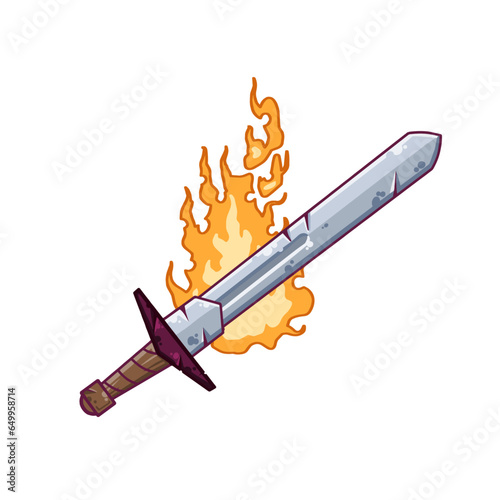 Fiery sword for dnd. Magic weapon of knight, sorcerer, magician. Fire spell. Burning blade. Medieval element of game. Dangerous hotter the flames. Cartoon flat illustration