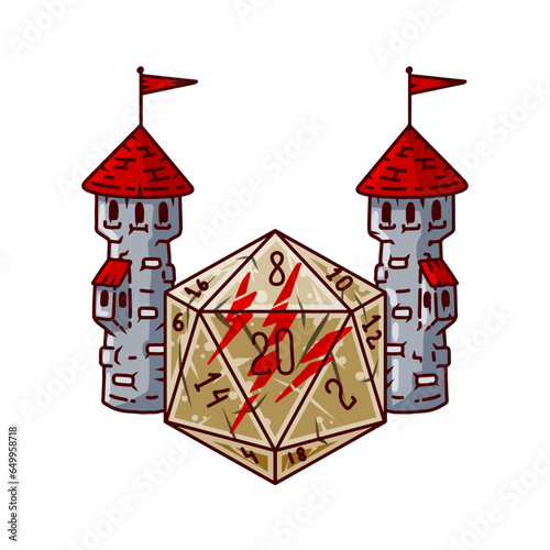 Dice d20 for playing Dnd. Dungeon and dragons board game with castle tower. Cartoon outline drawn illustration. Medieval Citadel