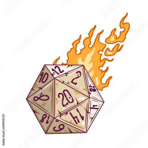 20 sided dice with numbers. Cartoon dice for fantasy dnd and rpg Board game. Magic fire isolated on white. Hand drawn Illustration
