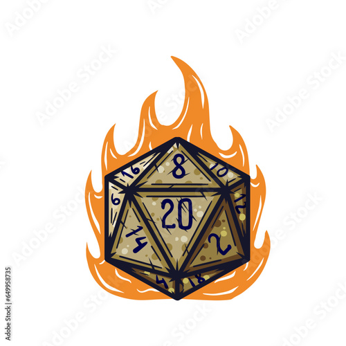 20 sided dice with numbers. Cartoon dice for fantasy dnd and rpg Board game. Magic fire isolated on white. Hand drawn Illustration