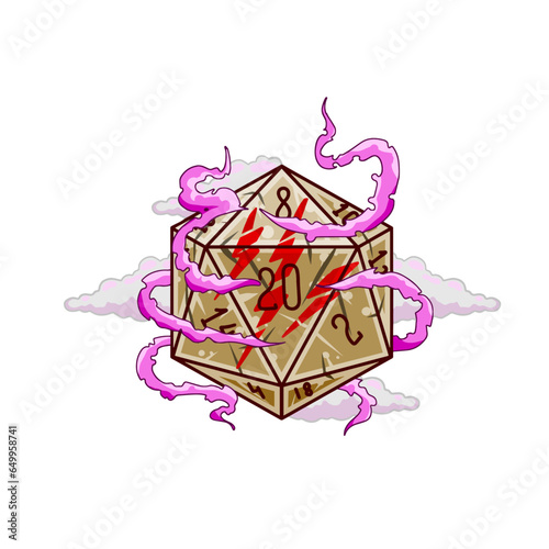 Dice d20 for playing Dnd. Dungeon and dragons board game. Cartoon outline drawn illustration. Role play gaming