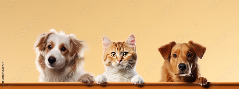 Cats and dogs peeking out of an white board window style, copy space for text, on orange isolated background, animals
