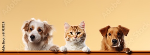Cats and dogs peeking out of an white board window style, copy space for text, on orange isolated background, animals