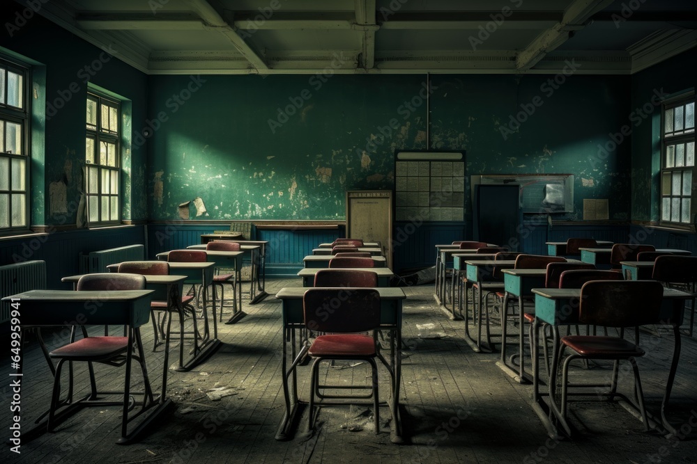 Empty classroom. Desk table school. Generate Ai