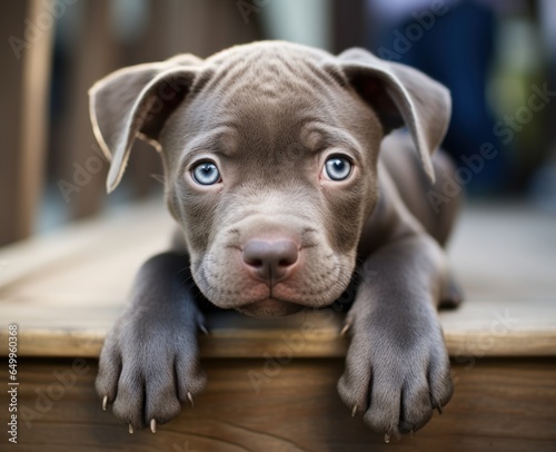 a puppy lying on a wood surface