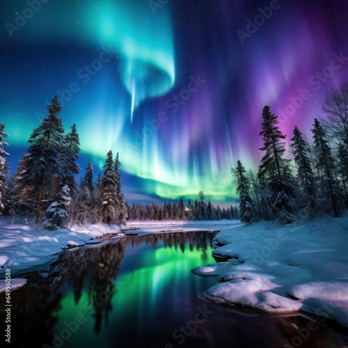 a colorful lights in the sky over a river © sam