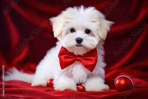 a white dog wearing a red bow tie © sam
