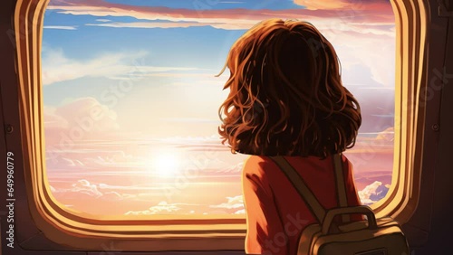 anime footage of a girl looking through on the window plane