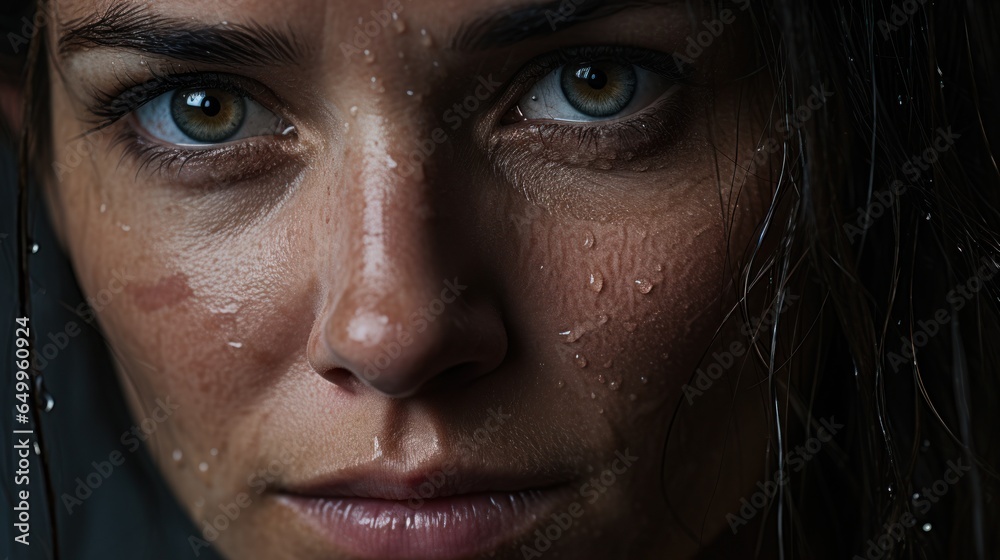 a close up of a woman's face with water droplets on her face a close up of a woman's face with water droplets on her face
