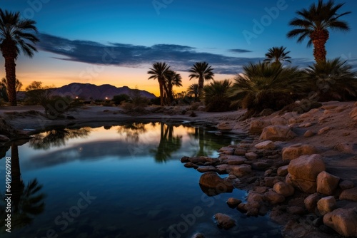 a body of water with palm trees and mountains in the background