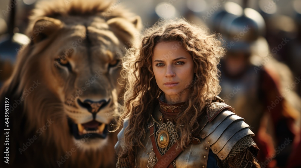 a woman in armor with a lion in the background