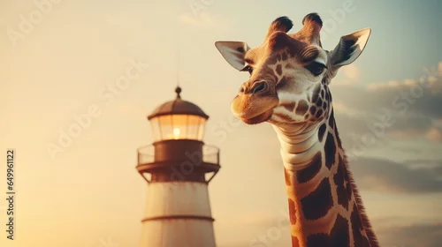 Obraz a giraffe standing in front of a lighthouse