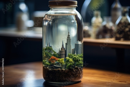 a glass jar with a city landscape inside