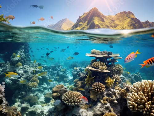 a coral reef with fish and mountains in the background © sam