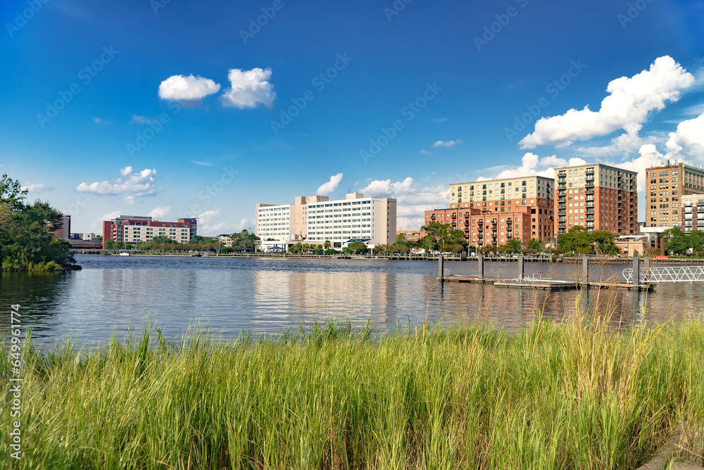 Fototapeta premium Wilmington in North Carolina and rows of houses along the waterfront of the Christiana River
