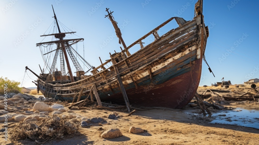 a shipwrecked boat on a beach