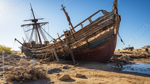a shipwrecked boat on a beach