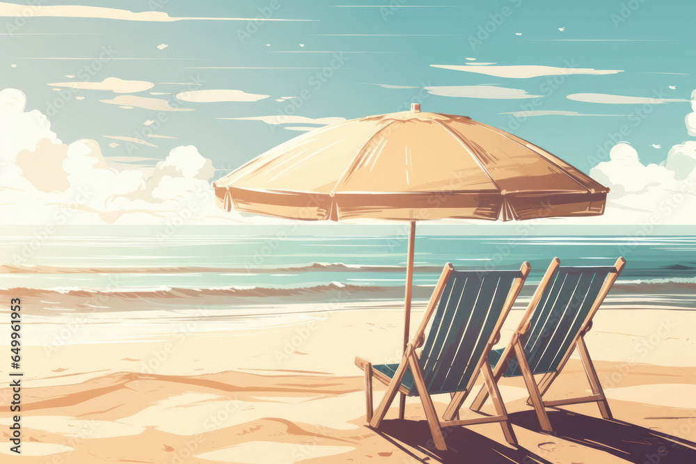 Fototapeta premium Be transported to a tropical oasis with this stunning beach scene complete with chairs and an umbrella is AI Generative.