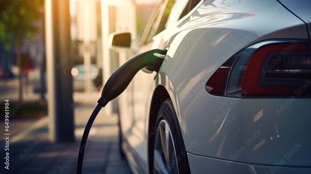 Close-up of a white electric car being charged at a charging station on a city street