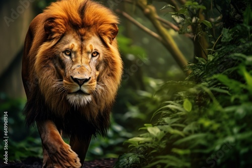 a lion walking in the woods