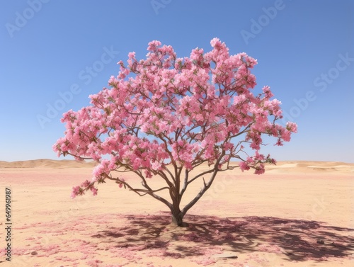 a tree with pink flowers in a desert
