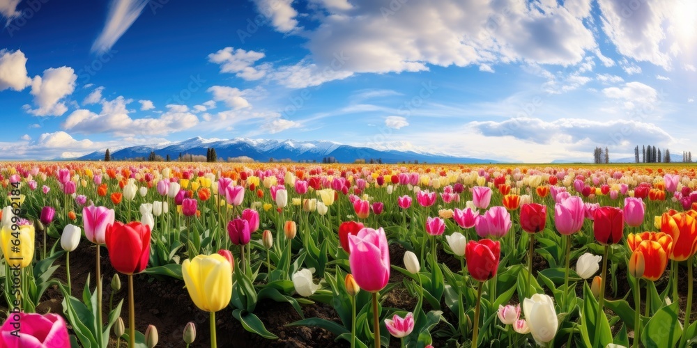 a field of tulips with mountains in the background