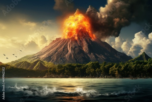 Mesmerizing Erupting volcano top view. Heat rock. Generate Ai © juliars
