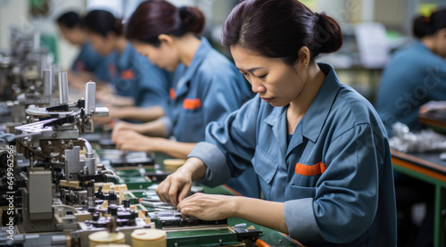 Asian women in electronic products assembly factory, production line in manufacturing factory