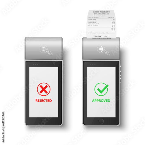 Vector 3d Grey NFC Payment Machine with Rejected and Approved Status, Paper Cash Receipt, Bill. Payment POS Terminal, Machine Design Template of Bank Payment Contactless Terminal, Mockup. Top View