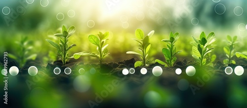 Green background with space sustainable energy logo and tech icon Agriculture and environment concept Eco reuse and data analysis with IoT