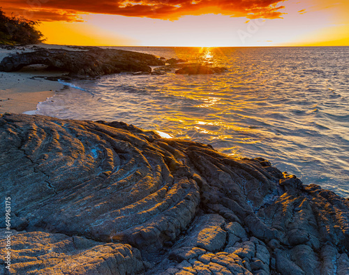 Sunset Over Kapalaoa Beach and Lava Reef on  Anaehoʻomalu Bay, Hawaii Island, Hawaii, USA photo