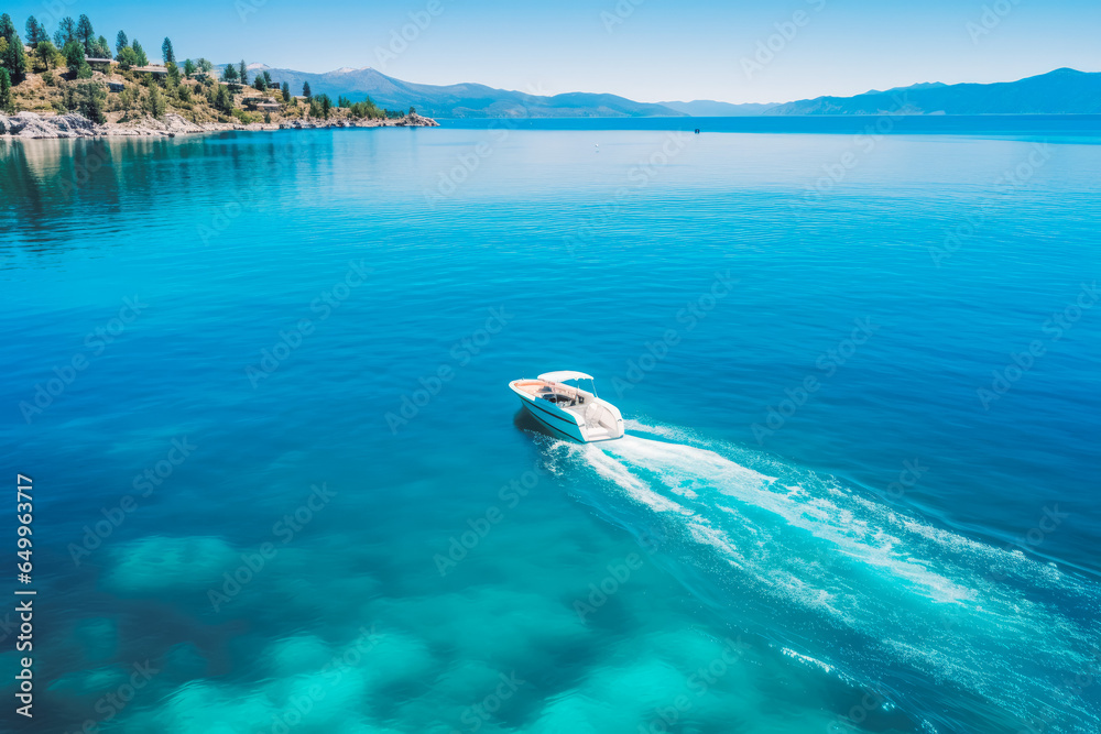 Naklejka premium Drone shot view of boat sailing across the blue clear water, beautiful summer getaway