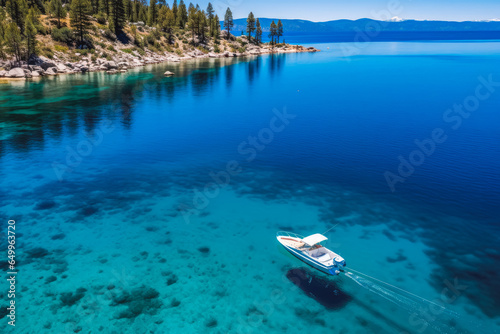 Drone shot view of boat sailing across the blue clear water, beautiful summer getaway