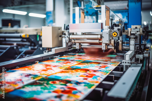 Close shot of Poly graphic process in a printing house, machine printing colorful print