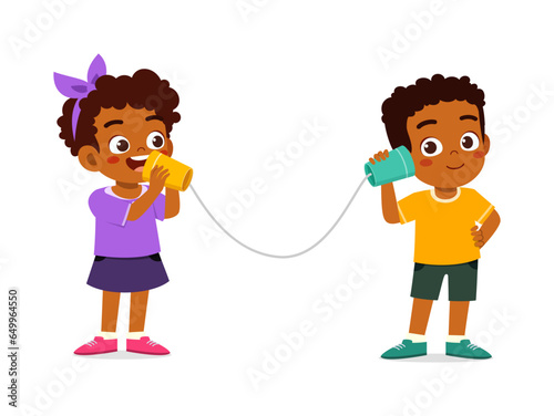 little kid play with traditional telephone with friend