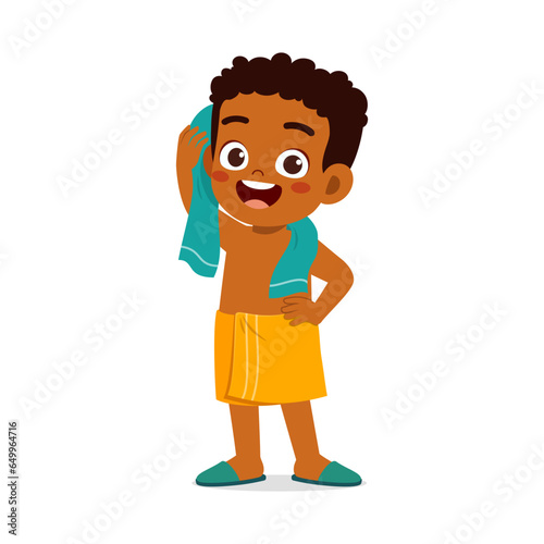 little kid drying body after bath