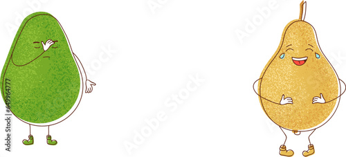 An illustration of a joyful pear, laughing to tears with a contagious, joyful emotion.